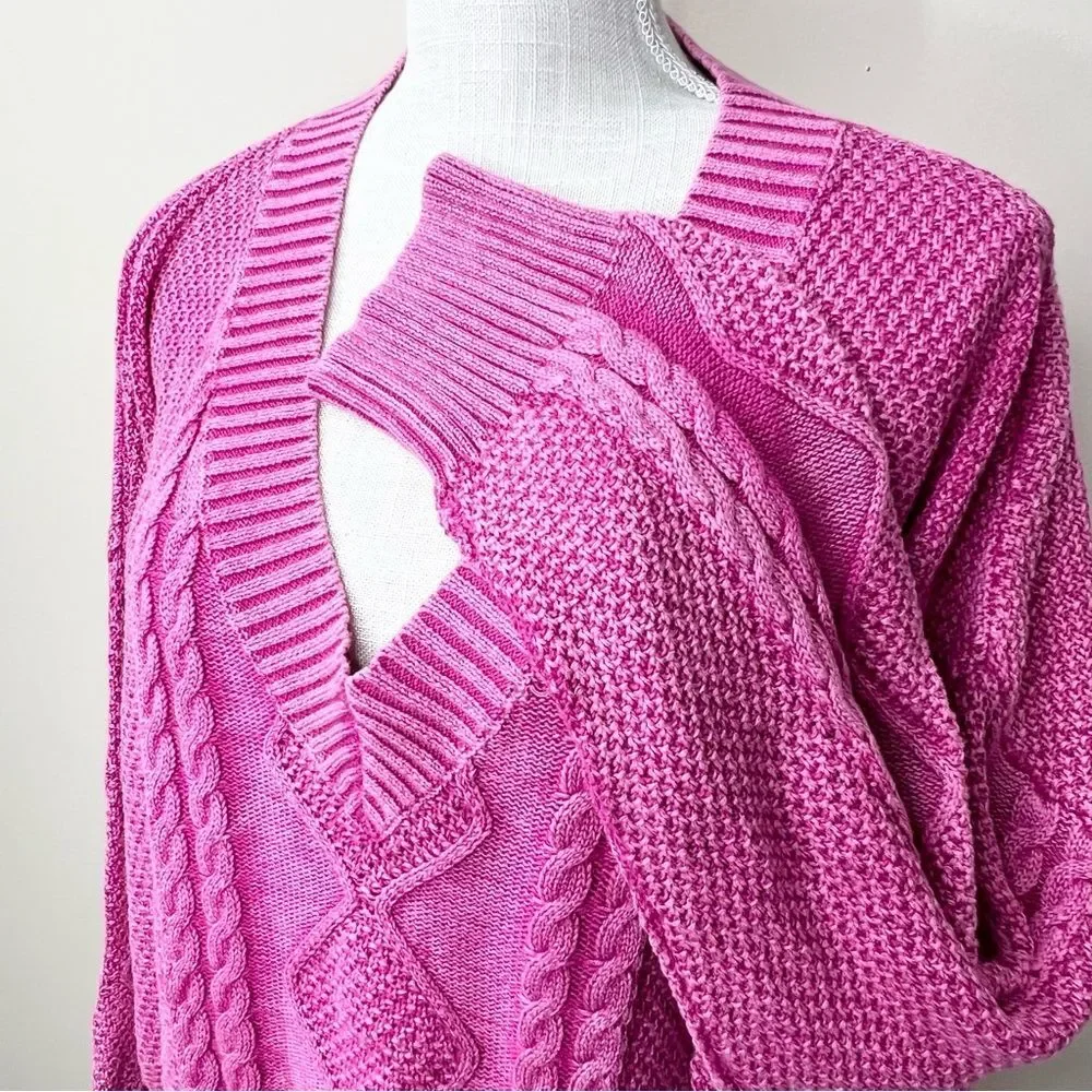 POL Mineral Washed Pink Cable Knit Relaxed Fit Sweater Medium